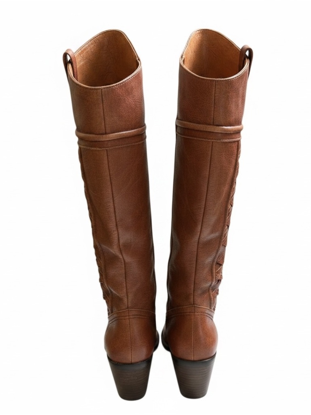 Vtg Fossil Brown Leather Knee High Boots Woven Western Boho Block Heel Size 8 - Picture 3 of 11